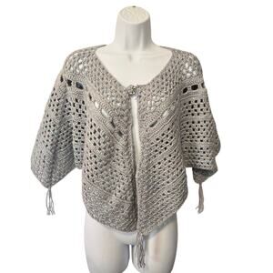 Boho Open Front Poncho Shawl Fringe Sparkle Jeweled Gray Light Purple